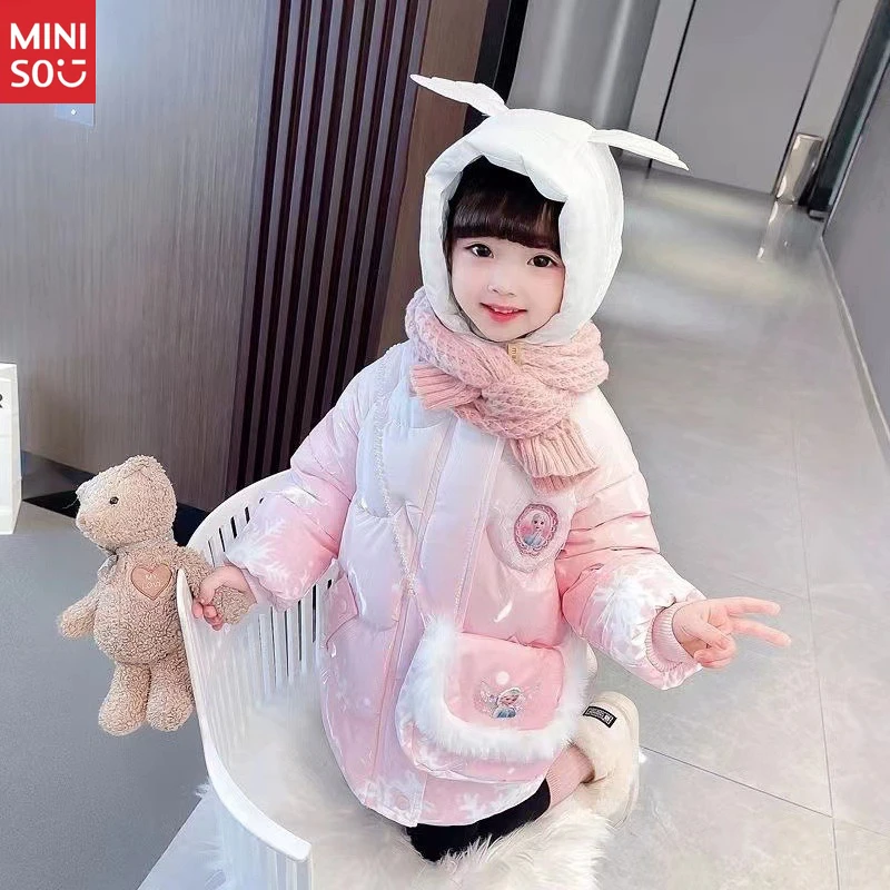 

Miniso Elsa Frozen Winter Coat for Girls | Washable Fleece-Lined Jacket with Free Backpack