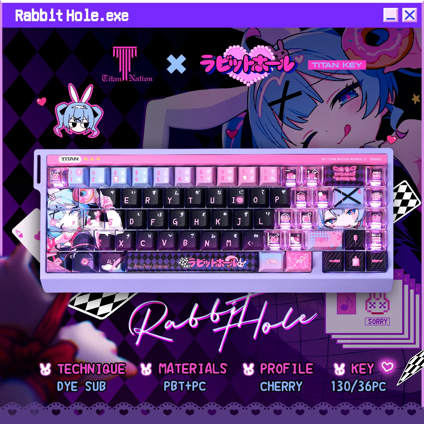 Cute Rabbit Hole Keycap Cherry Pbt Side-Engraved Translucent Pbt Hole Rabbit Black Pink 2.25/2.75U Space Alice Iso Layout Keycap