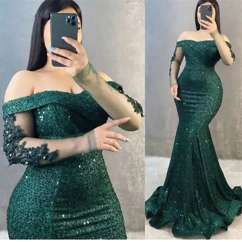 Sparkly Sequin Green Mermaid Evening Dresses Off Shoulder Long Sleeves Applique Arabic Women Formal Prom Gowns customized