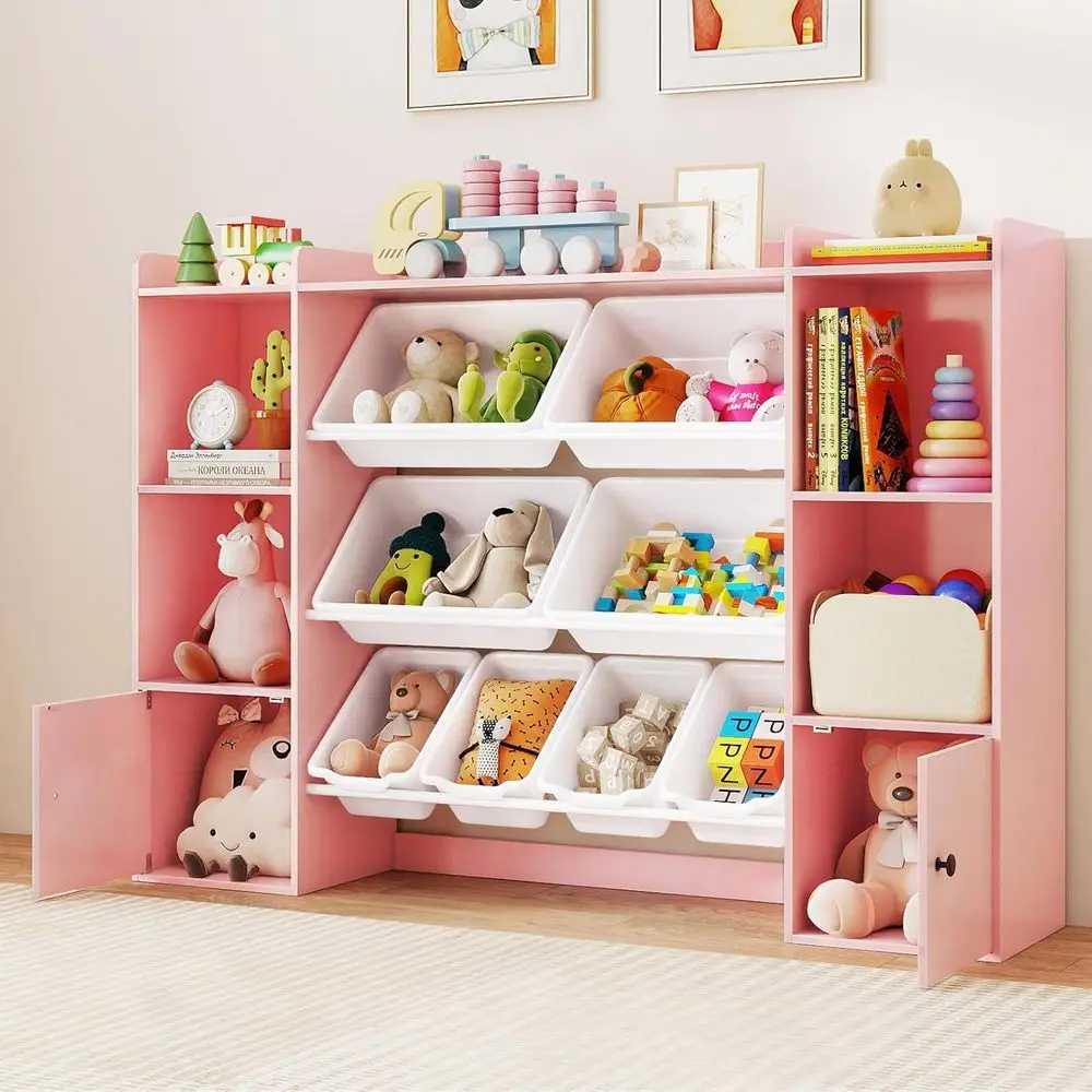 

4-Tier Kids' Storage Organizer with 8 Bins, 4 Cubbies, and 2 Cabinets for Playroom, Living Room, Nursery (Pink)