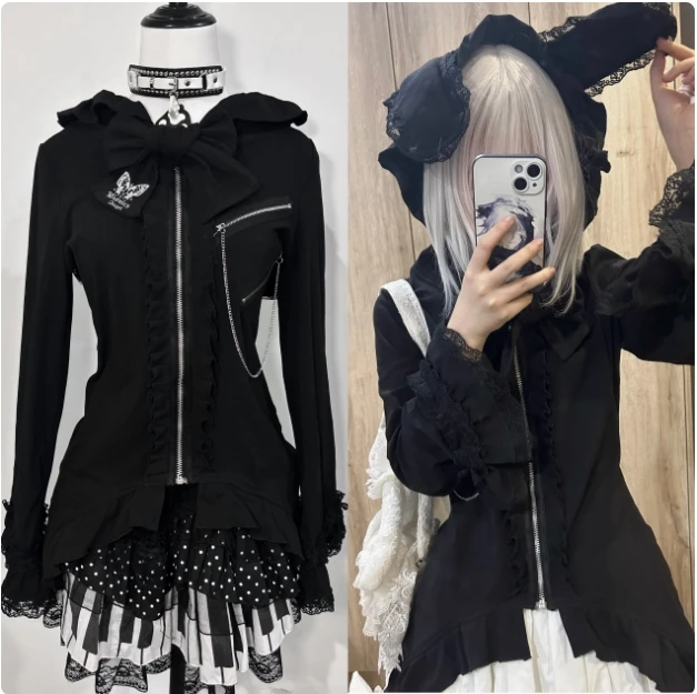 Original New Autumn Lace Rabbit Ear Subcultural Long Sleeve Cardigan Punk Jacket Y2K Female Girls Black and White Hoodie Coat