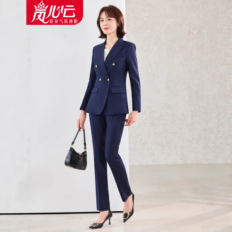 Gris à manches longues petit costume col veste femmes pantalon deux pièces ensemble automne hiver nouveau professionnel à la mode trajet