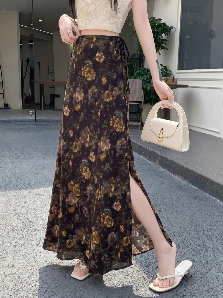 AOSSVIAO 2026 Summer New Women Vintage Print Skirts Drawstring Tie Design Slim All-match Hip Covering A-line Long Skirt