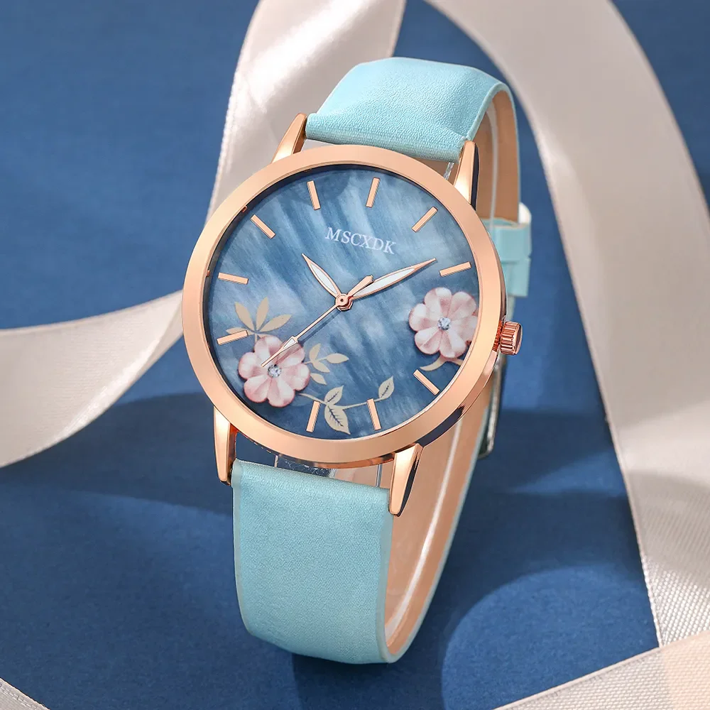 5PCS Set Women Fashion Watch Casual Bracelet Watches Ladies Flowers Dial Quartz Wristwatches Dress Clock Montre Femme