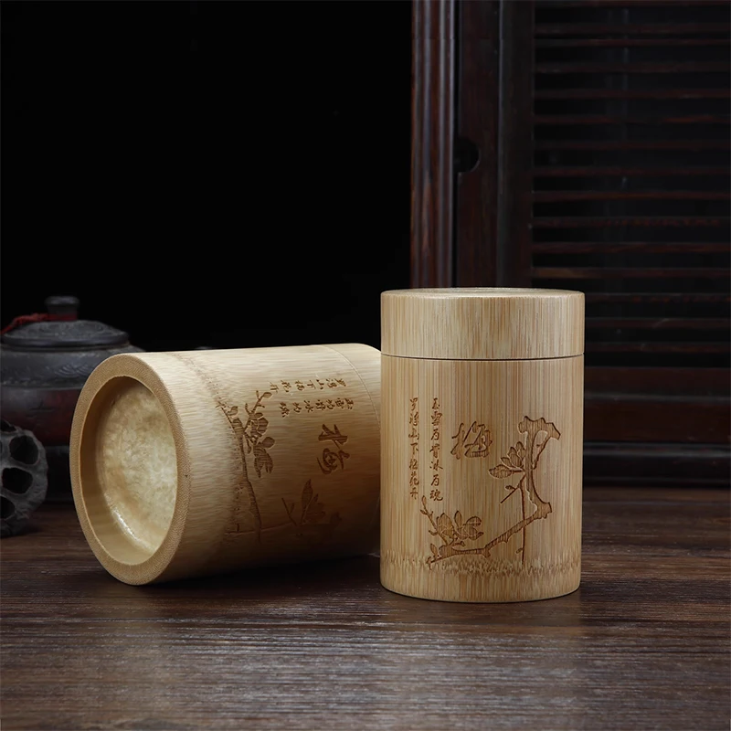 Handmade Bamboo Tea Storage Box Chinese Carved Tea Canister Lid Seal Kitchen Storage Jars Accessories Spice Box Case Organizer