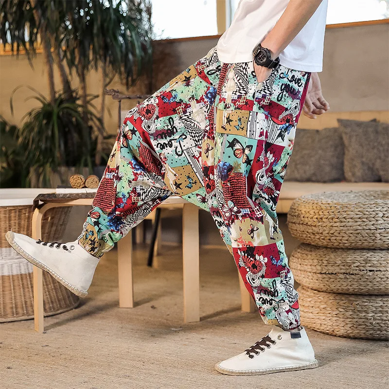 2024 Men Harem Pants Print Retro Drop Crotch Joggers Trousers Men Baggy Loose Nepal Style Men Casual Pants M-5Xl