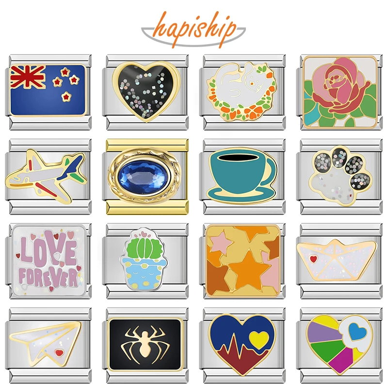 Hapiship 2025 Fashion Heart Spider Aircraft Cat Coffee Italian Charms Fit 9mm Stainless Steel Bracelet Making Jewelry DJ644-C