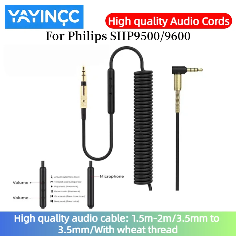 

High quality audio cable For Philips SHP9500/9600 Headset 3.5mm to 3.5mm plug with microphone spring wire