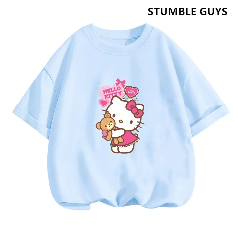 2024 Anime Hello Kitty Tshirt Kids T-Shirts Sets Fashion Women Short Sleeve Baby Boy Clothes Casual Summer Casual Wednesday Tops