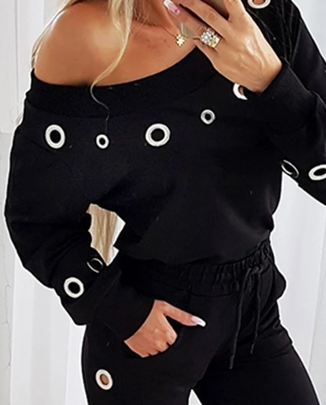Versatile Women's Spring and Summer Fashion Casual Commuting Cold Shoulder Diagonal Collar Long Sleeved Eyelet Top and Pants Set