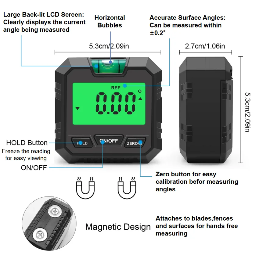 360° Digital Angle Finder with Magnetic Base, Bubble Level, and Multi-Function Design for Woodworking and Construction