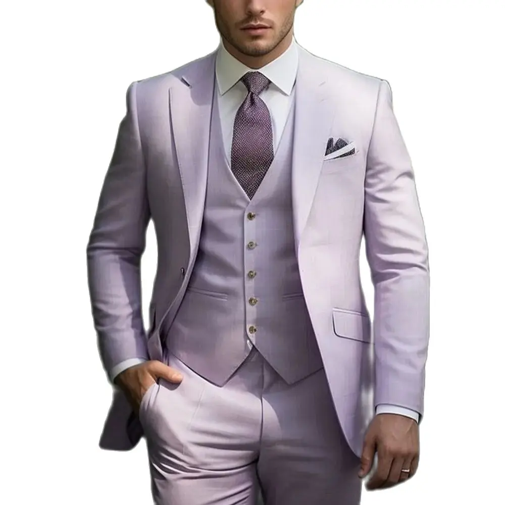 Mode Nieuwe Formele Licht Paars Mannen Pak Bruidegom Stalman Wedding Party Prom Business Mannelijke Smoking 3-delige Set Blazer Vest Broek - afbeelding 2