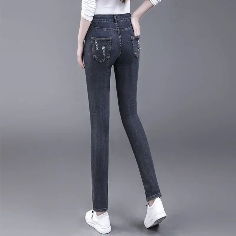 

Рваные джинсы, женские весенне-летние 2023, новые облегающие брюки с высокой талией и вышивкой, эластичные узкие женские брюки-карандаш