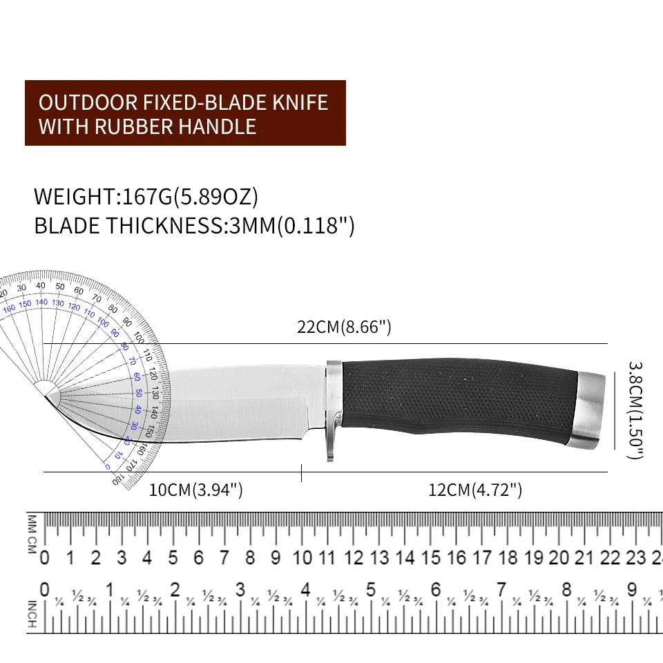 Fixed Blade Knife with Rubber Handle for hiking, fishing EDC Portable Tool Knife with Leather Sheath