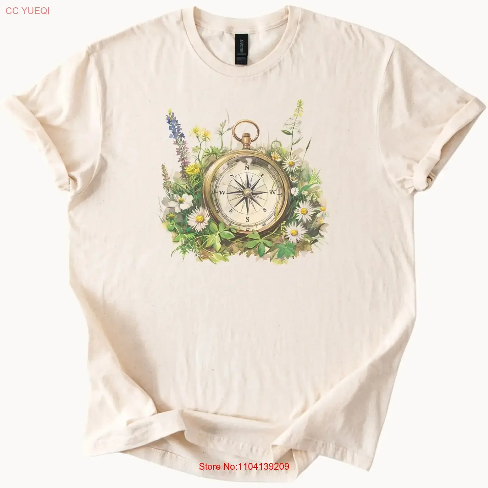 Floral Compass T Shirt Nature Wanderlust Top Adventure Clothing vintage Washed Top For Everyday Wear Unisex Stretched Slightly
