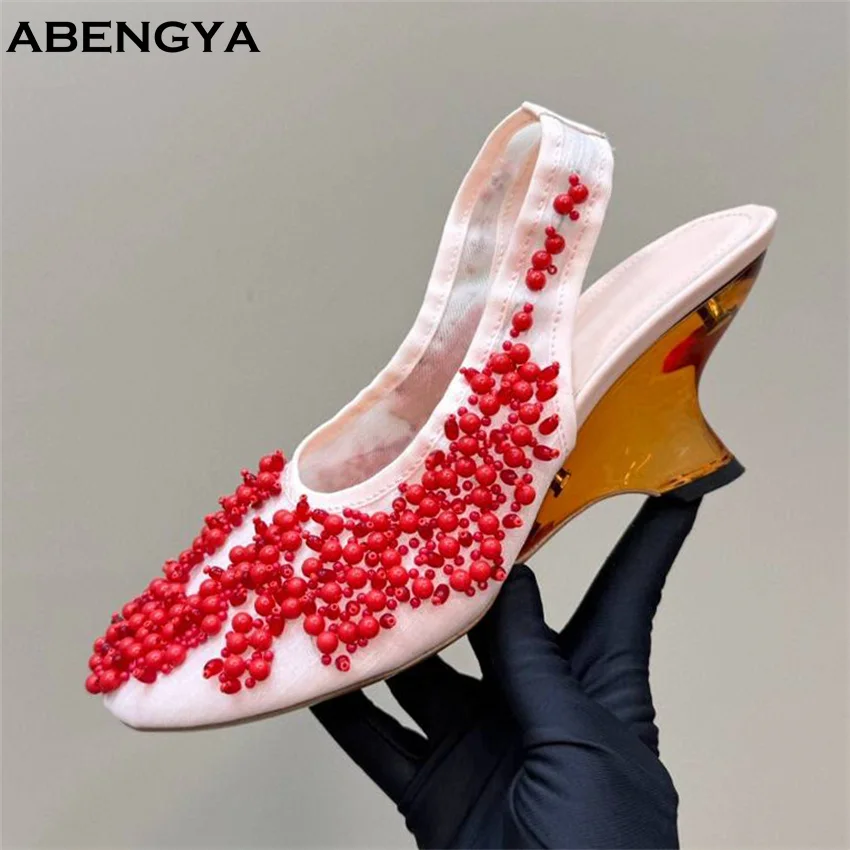 

Summer Beaded Wedge High Heels Dress Shoes Women Black Slingback Crystal Shoes Designer Sweety Ethnic Party Ballet Shoes Woman
