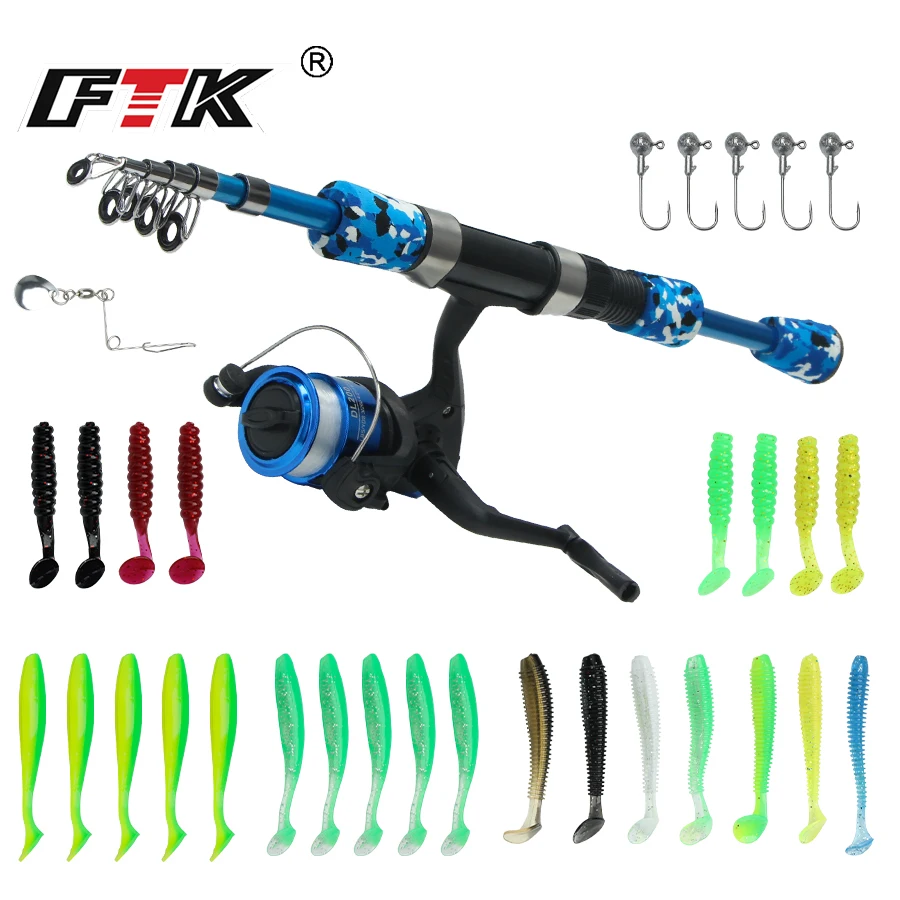 

FTK 1.5m Carbon Telescopic Fishing Rod Set Lure Jig Head Hook Camouflage Spinning Casting Ultra Light Sea Fishing Pole Travel