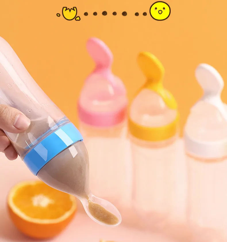 5 Color Newborn Baby Silicone Rice Cereal Paste Bottle Baby Feeding Spoon Silicone Dropper Feeding Bottle Baby Spoon Bottle 90ml