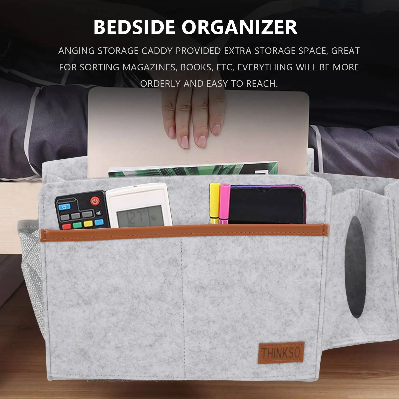 Bedside Organizer, Felt Bed Storage Caddy with Tissue Box and Water Bottle Holder, Magazine Phone Tablet - Light Gray