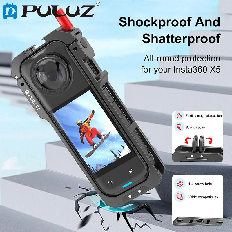 

PULUZ For Insta360 X5 2-Claws Magnetic Metal Protective Cage Sports Camera Accessories with Silicone Lens Cover/Windproof Foam
