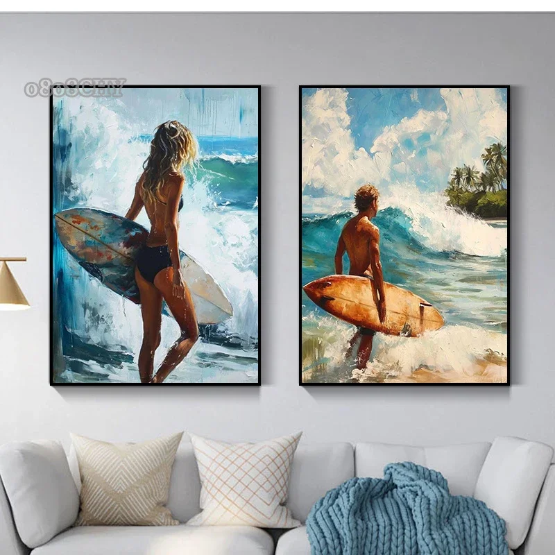 Abstract Art Surfing Seaside Joy Canvas Painting Surfer Walking with Board Poster Print Girl Surfing Wall Art Picture Home Decor