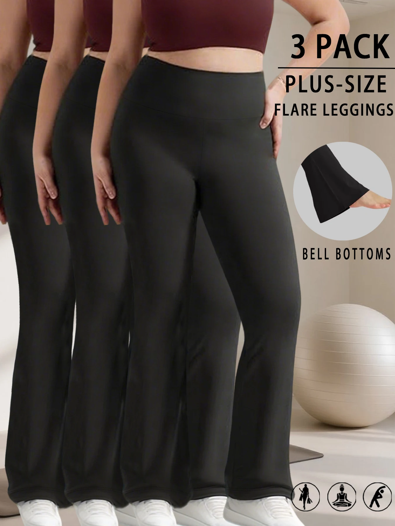 

3 Pack Plus Size Elegant women's high-waisted flared pants for yoga workout. Suitable for women leggings to use for leisure.