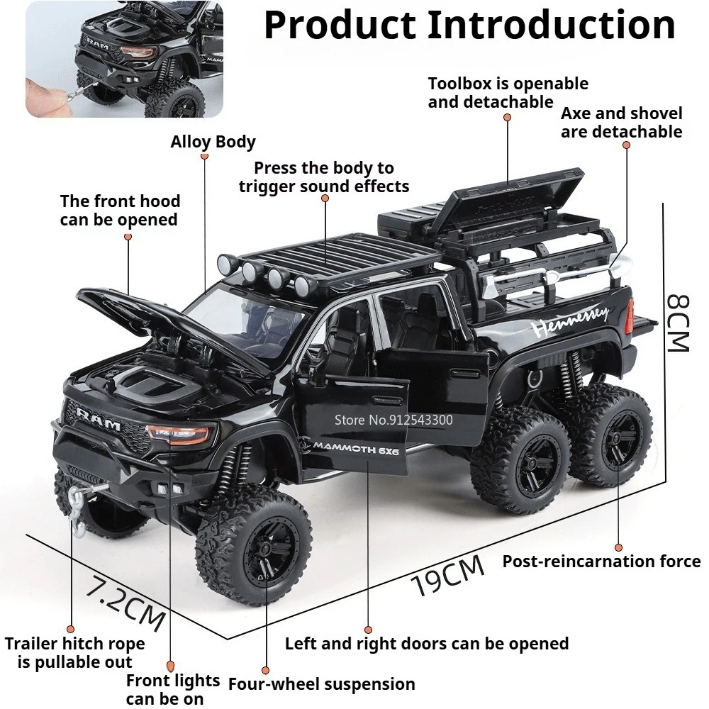 1:32 Scale TRX 6X6 Hellcat Car Model Toy Doors Opened Sound Light Cars Pull Back Alloy Diecast Vehicle for Kids Birthday Present