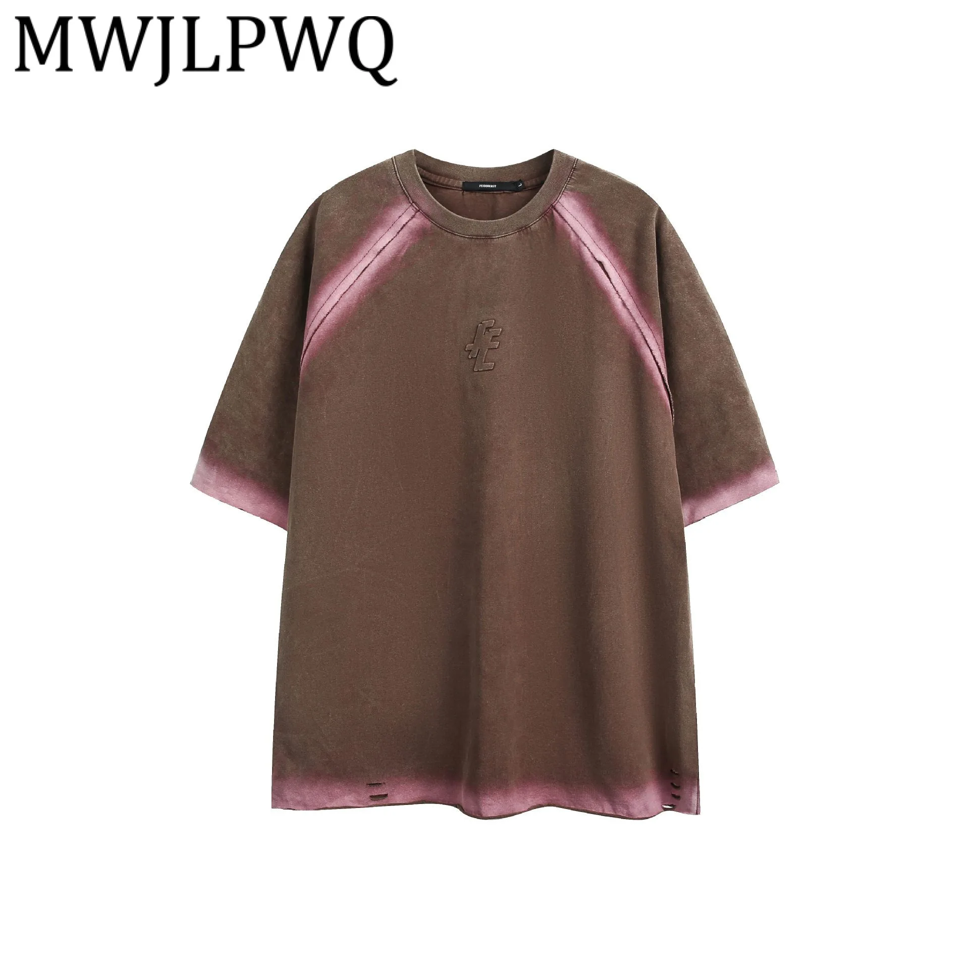 

MWJLPWQ постепенная модная футболка с короткими рукавами Niche, мужская летняя новинка 202, уличная одежда в американском стиле, простые свободные потертые топы 12569