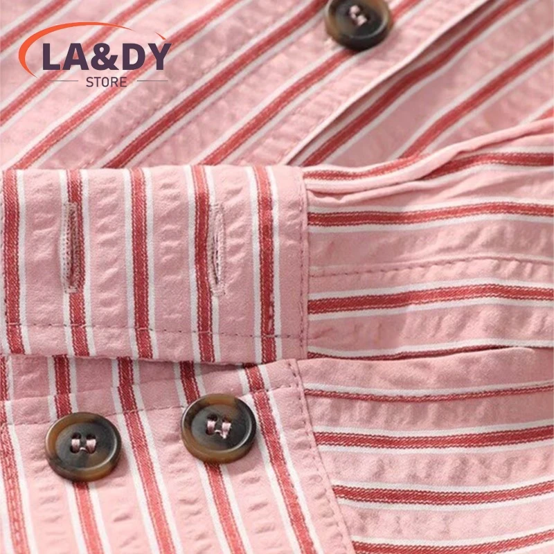Women's Striped High Neck Button-Up Blouse Top with Long Sleeves