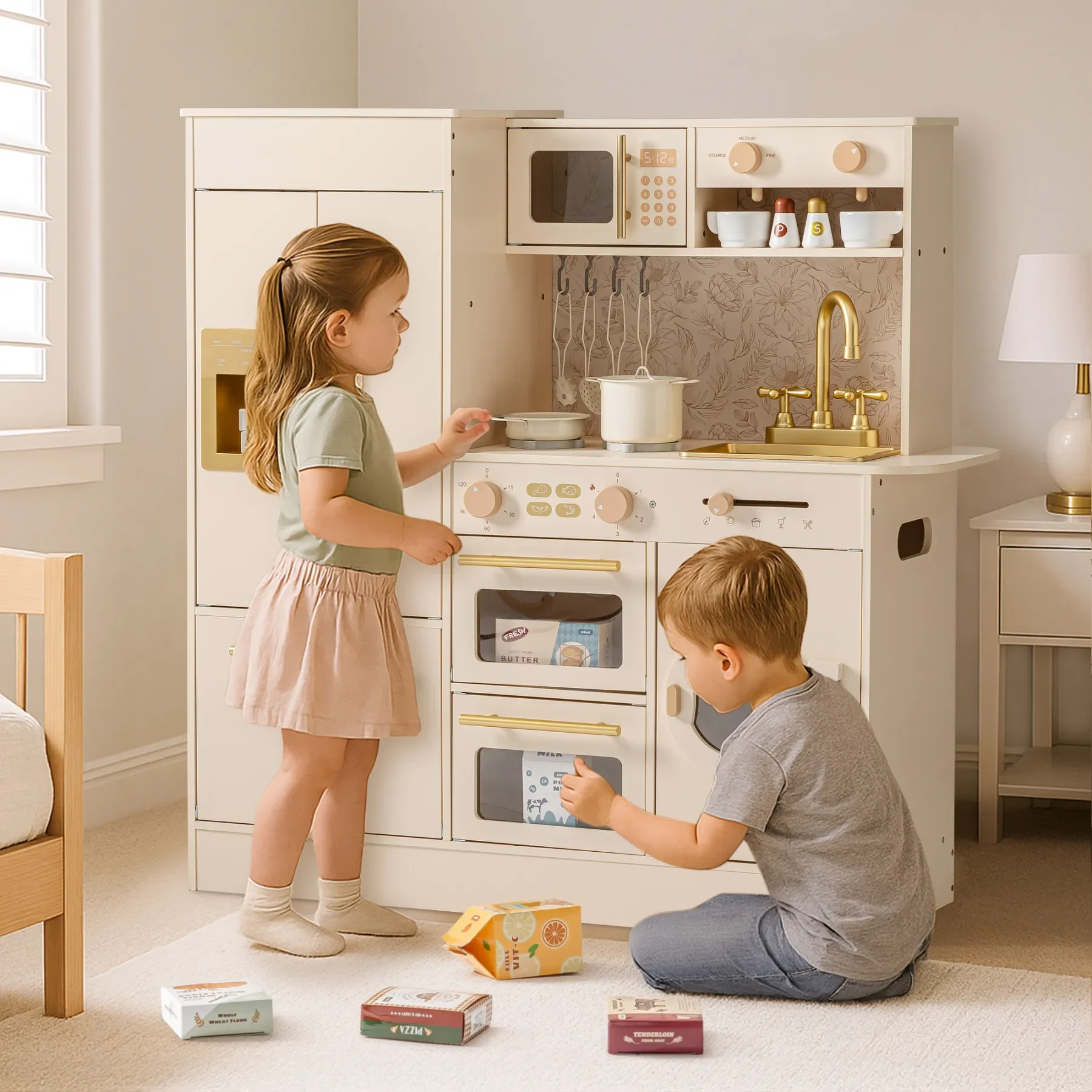 Robotime Robud Juego de cocina floral de madera para niños, juego de simulación de juguete con refrigerador, horno, microondas para niñas y niños, color beige