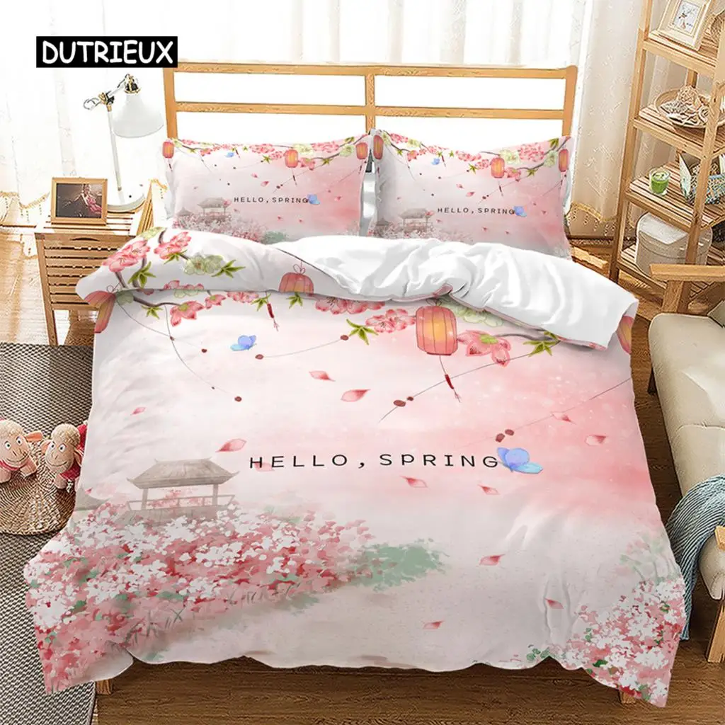 Spring Flowers King Queen Duvet Cover Pink Sakura Bedding Set Girls Cherry Blossoms Quilt Cover Floral Polyester Comforter Cover