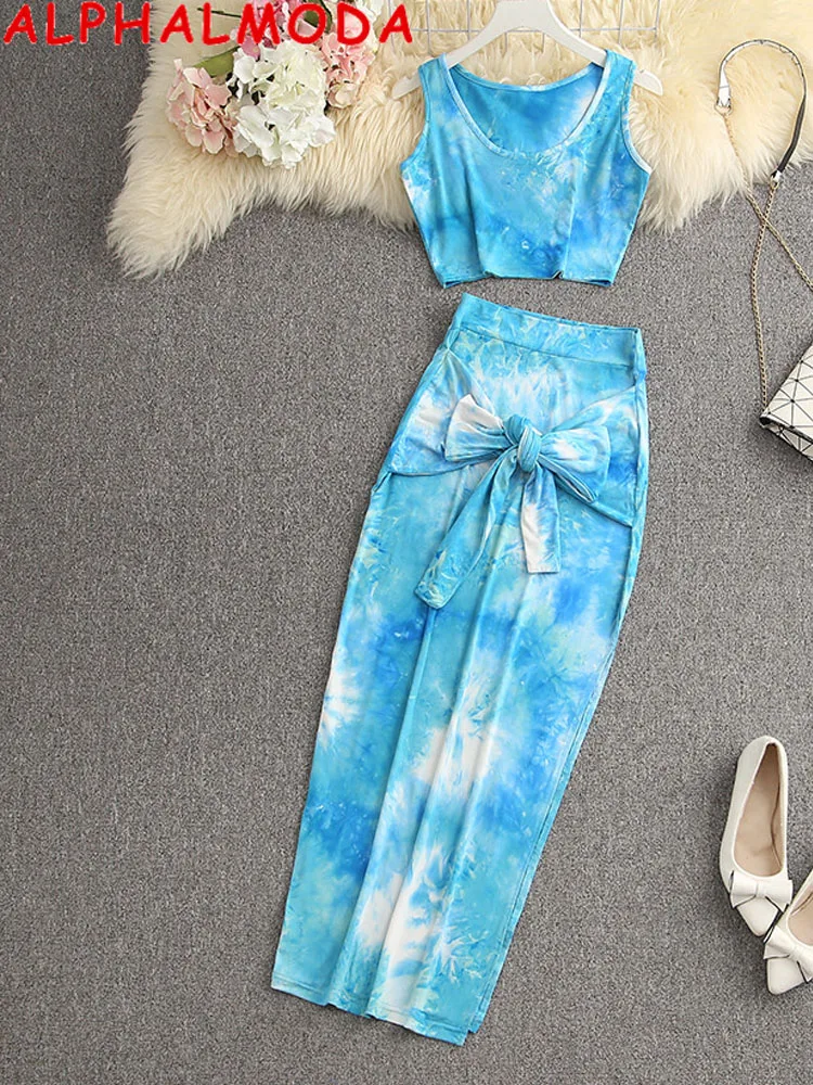 

ALPHALMODA 2021 Feminine Women's Tie-dyed Strechy Cropped Tank Top + Side Slit Bow Sashes Pencil Skirt 2pcs Fashion Suit