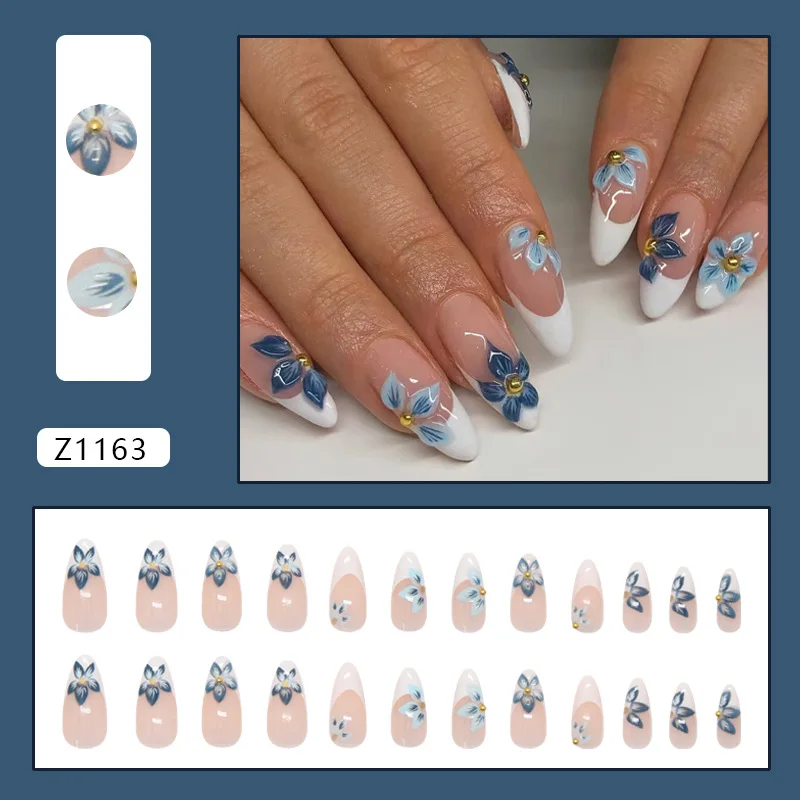 

24pcs 3D Almond Press on Nails Ice Blue Lily French False Nail Art for Women&Girl Full Coverage Nail Tip Removable Wearable Nail