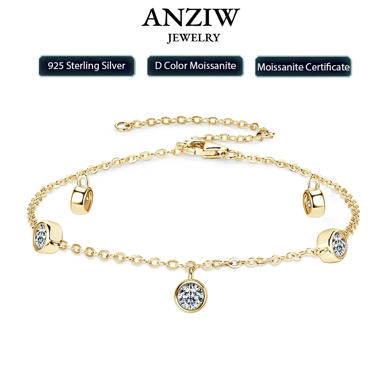 Anziw Bezel 4mm Round D Moissanite Bracelet 100% 925 Silver  for Women Adjustable Chain 2025 Trendy Daily Wear Hand Jewelry Gift