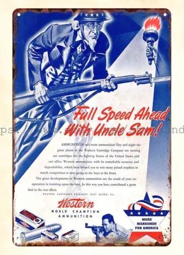 1942 WW2 WESTERN Ammunition Full Speed Ahead With Uncle Sam metal tin sign