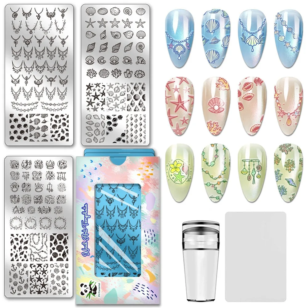3pcs Seashell Nail Stamping Plate Ocean Necklace Nail Art Templates Starfish Conch Nails Image Plates Pearl Nails Art Stencils