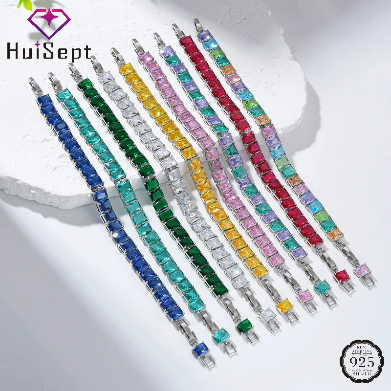 

Роскошные браслеты HuiSept, прямоугольный циркон, драгоценный камень, ювелирные изделия из серебра 925 пробы для женщин, свадебная вечеринка, подарок на помолвку, аксессуары