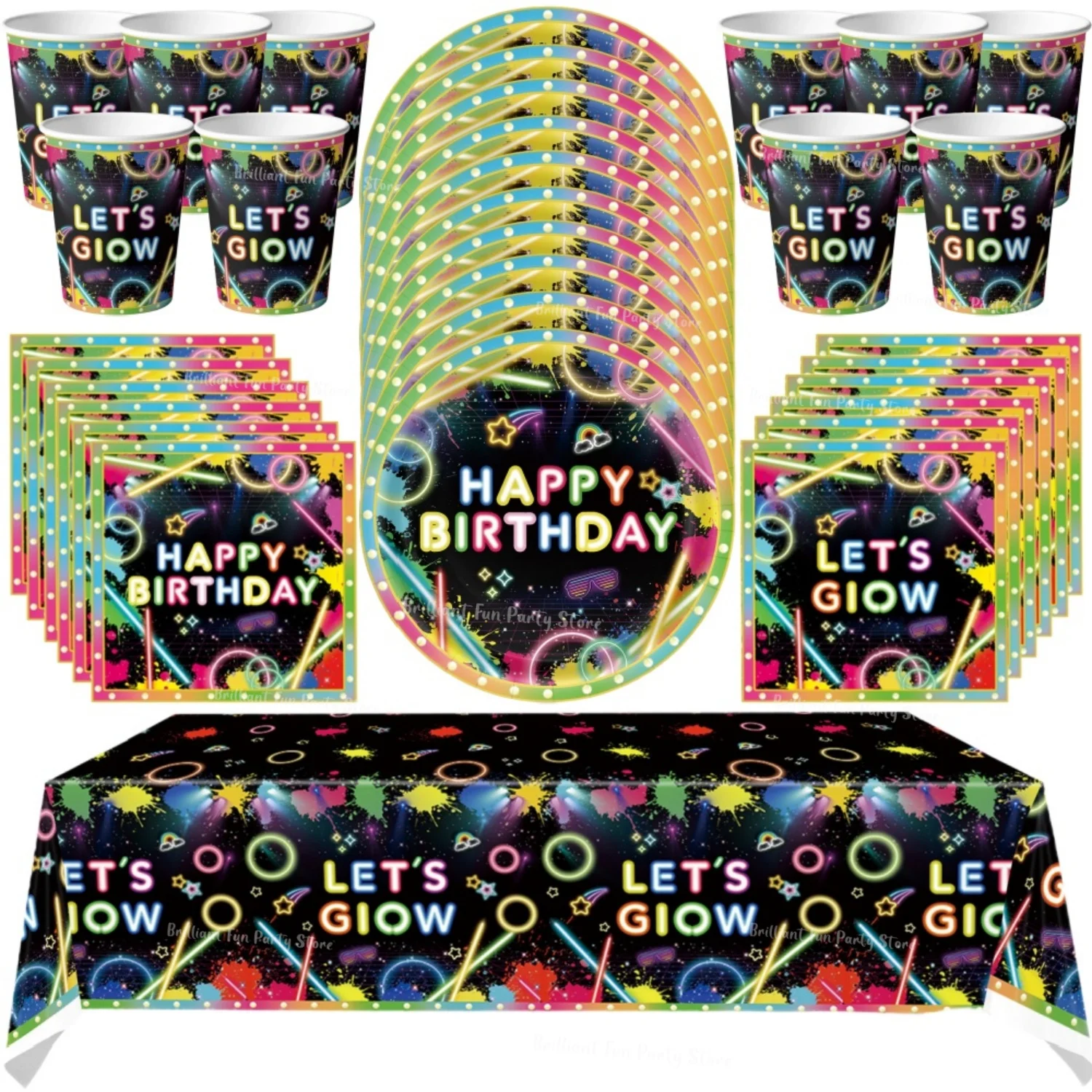 61-teiliges Neon-Geburtstags-Einweggeschirr-Set, 7-Zoll-Pappteller, Becher, Servietten, Tischdecke, Kinder-Blacklight-Glow-Party-Zubehör