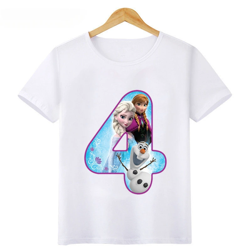 Disney Princess Frozen Elsa Anna Number Bow Print T shirt Kids Clothes 1 2 3 4 5 6 7 8 9 Years Birthday Girls T-Shirts Baby Tops