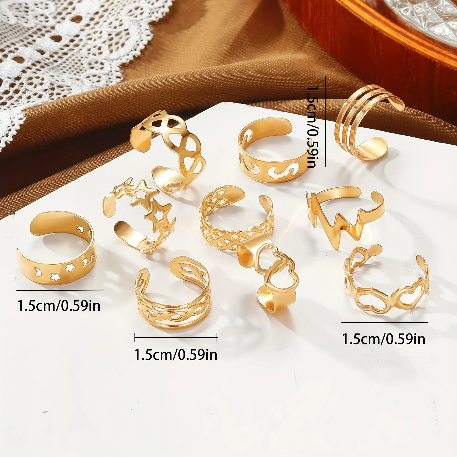 10Pcs Bohemian Hollow Star Moon Toe Ring Vintage Gold Color Adjustable Wide Opening Ring Women\'s Summer Beach Jewelry