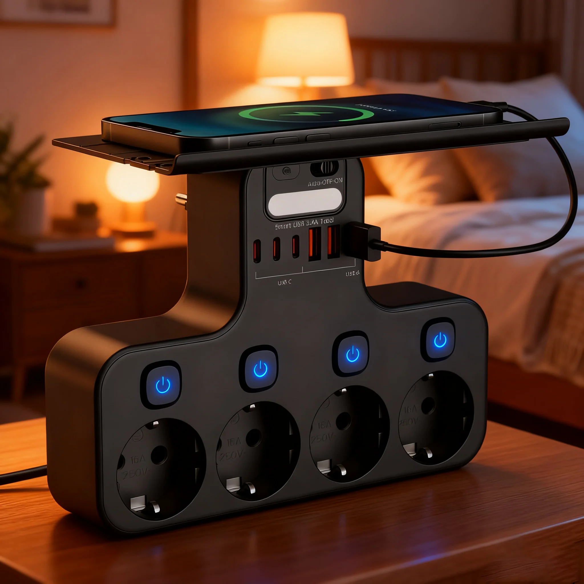 EU Multi-Function Power Strip,3250W Wall Mount,Independent Switches,Sensor Night Light,Detachable Holder,4AC+3USB-C+3USB-A Ports