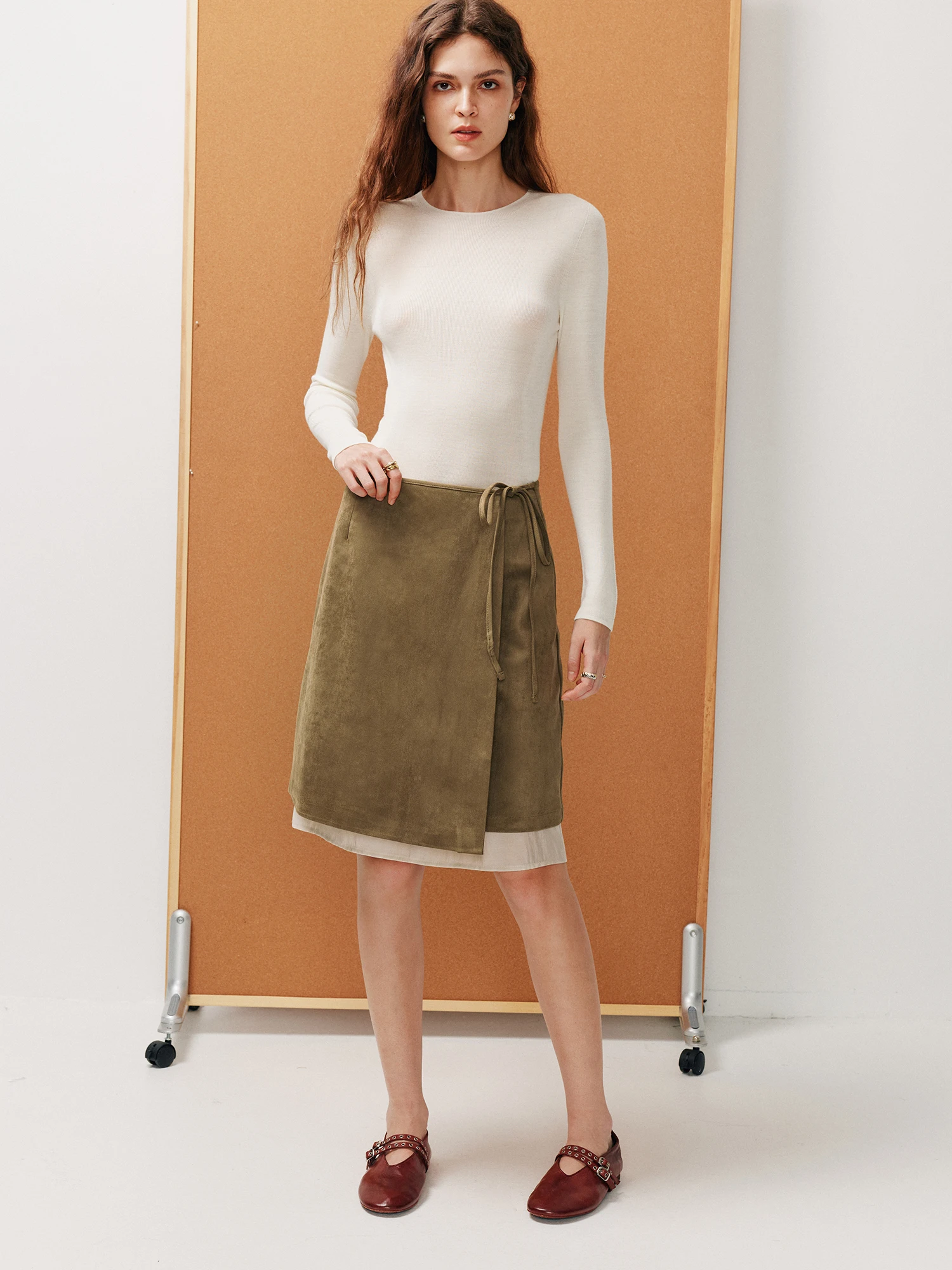 Color Block Suede  Skirt with Belt Commuter A-Line Half-length Skirt Layered Effect Women's Polyester Fiber Midi Skirt