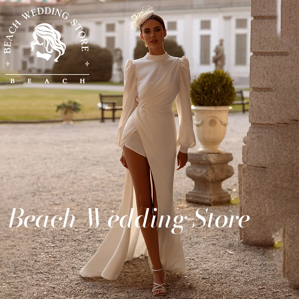 

Beach O-Neck Mordern Long Sleeve Open Back Elegant Bridal Gowns with High Slit Satin Wedding Dresses Vestido De Novia Customized
