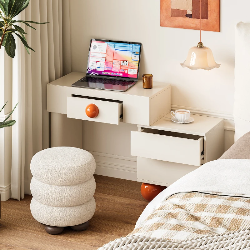 

Cream white dressing table, modern minimalist small apartment, bedroom, lacquered makeup, storage