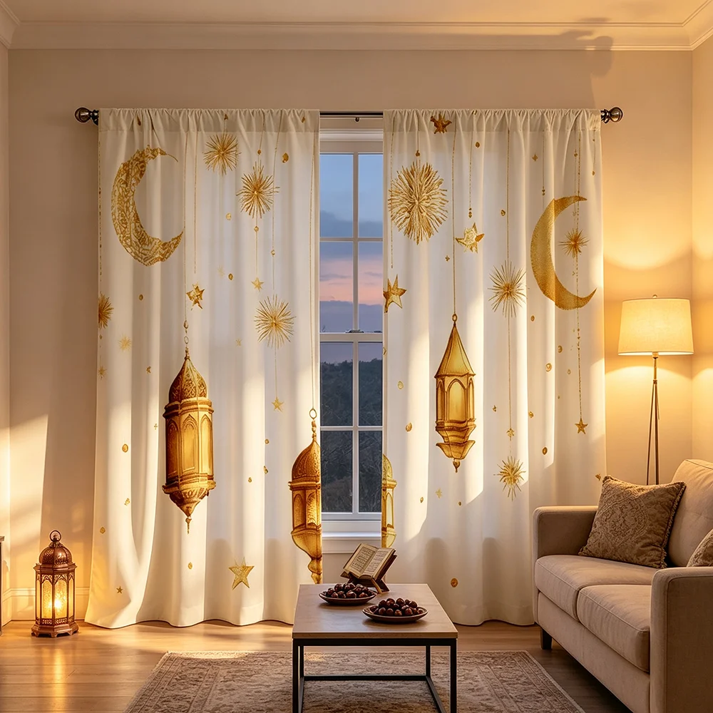 2PCS Digital Print Curtain, Golden Lantern Crescent Moon Star Starburst Pattern, Ramadan Eid Mubarak Holiday Home Decor