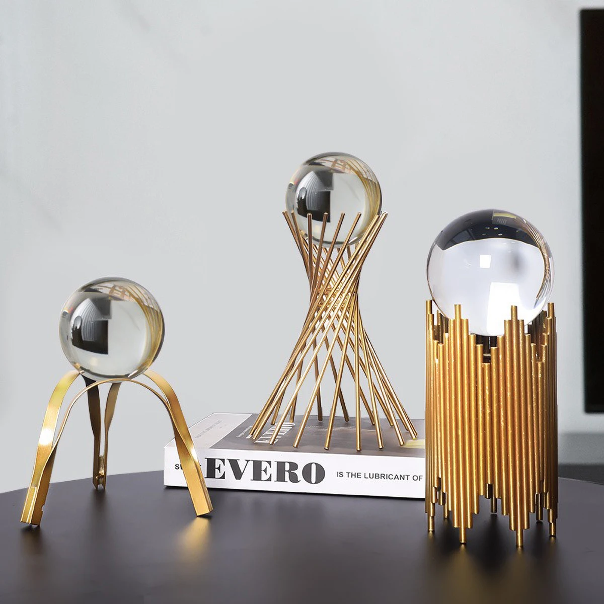 Modern Luxury Golden Metal & Clear Crystal Ball Home Decor - Deer Figurine & Multi-Stand Ornament for Living Room Tabletop