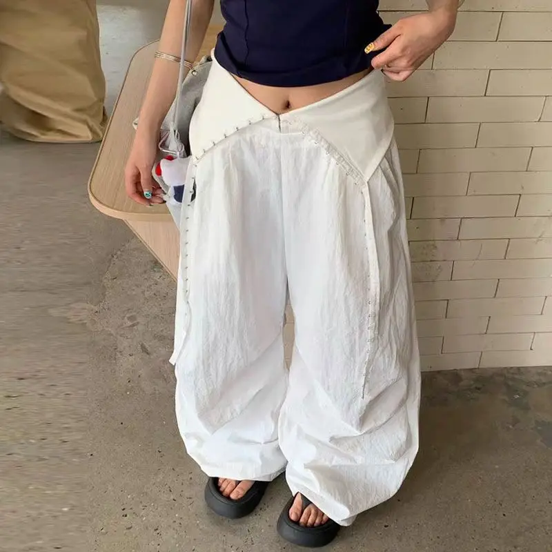 Deeptown Vintage Letter Women Cargo Pant Wide Leg Hip Hop American Style Parachute Pants Loose Grunge Trousers Streetwear Casual
