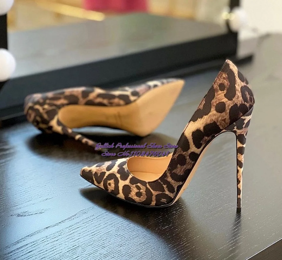 ALMUDENA Leopard Satin High Heel Dress Pumps 12CM 10CM 8CM Stilettos Slip-On Pointed Toe Wedding Shoes Shallow Sky High Heels