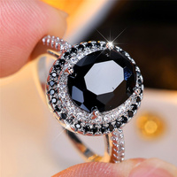 Luxury Crystal Black Zircon Stone Oval Rings For Women Vintage Silver Color Wedding Band Bridal Jewelry Engagement Gift