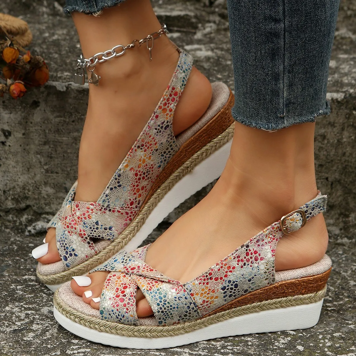 HKDQ Women's Wedges Open Toe Mid Heel Slingback Espadrille Platform Sandals Cross Straps Casual Summer Footwear
